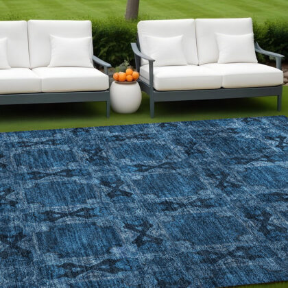 8' X 10' Navy and Gray Floral Medallion Washable Non Skid Indoor Outdoor Area Rug