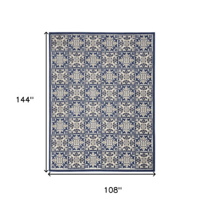 9' X 12' Blue Fleur De Lis Stain Resistant Non Skid Area Rug