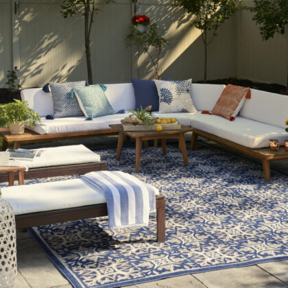9' X 12' Blue Fleur De Lis Stain Resistant Non Skid Area Rug