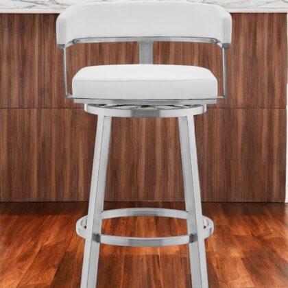 30" White and Silver Faux Leather Stainless Steel Low Back Bar Height Swivel Bar Chair