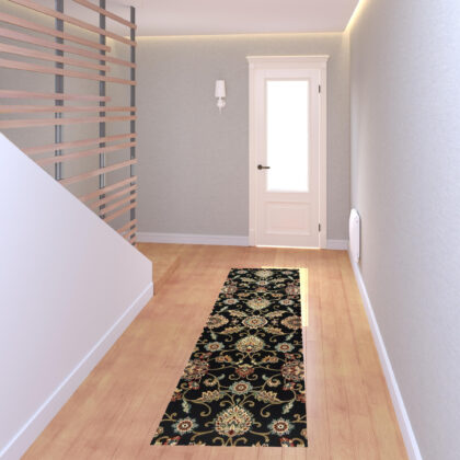 2' X 8' Black Red Green Ivory Salmon And Yellow Floral Power Loom Stain Resistant Runner Rug