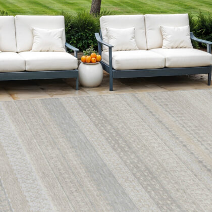 9' X 12' Ivory Striped Washable Indoor Outdoor Area Rug