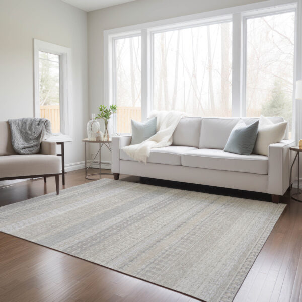9' X 12' Ivory Striped Washable Indoor Outdoor Area Rug