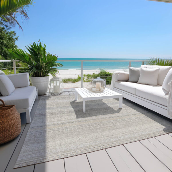 9' X 12' Ivory Striped Washable Indoor Outdoor Area Rug