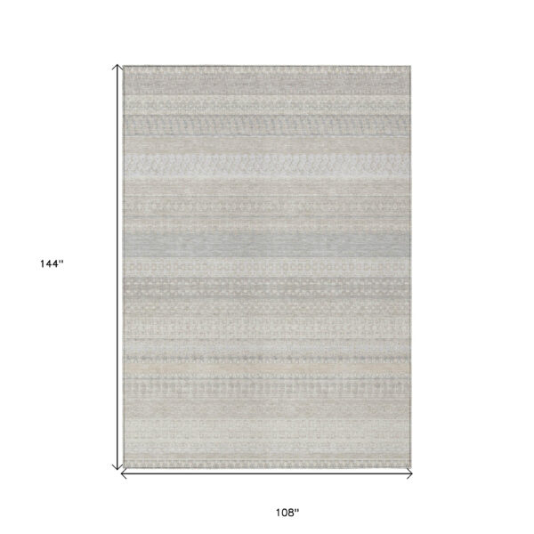 9' X 12' Ivory Striped Washable Indoor Outdoor Area Rug