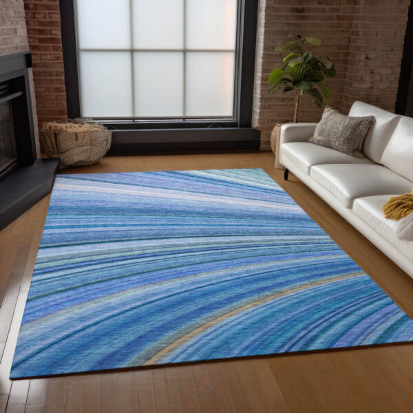 5' X 8' Denim Blue And Sky Blue Abstract Washable Indoor Outdoor Area Rug