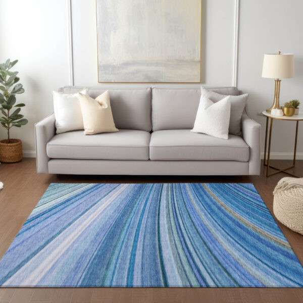 5' X 8' Denim Blue And Sky Blue Abstract Washable Indoor Outdoor Area Rug