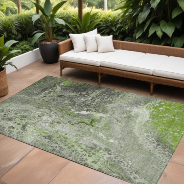 8' X 10' Artichoke Green And Ivory Abstract Washable Indoor Outdoor Area Rug