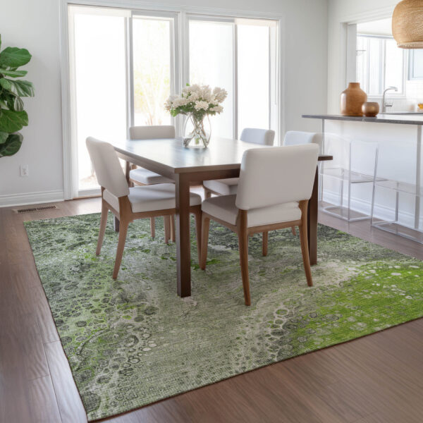 8' X 10' Artichoke Green And Ivory Abstract Washable Indoor Outdoor Area Rug