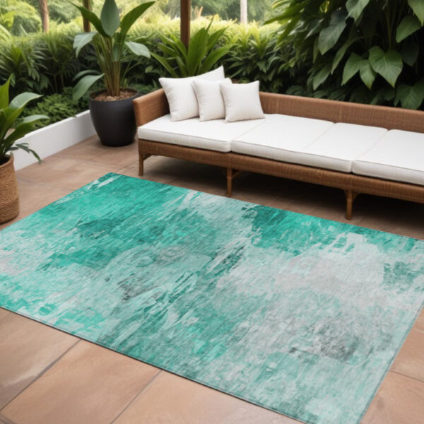 10' X 14' Teal Blue Aqua And Silver Abstract Washable Indoor Outdoor Area Rug