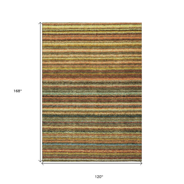 10' X 14' Coral Gold And Green Striped Washable Indoor Outdoor Area Rug
