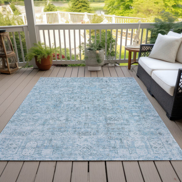 3' X 5' Sky Blue And Denim Blue Floral Washable Indoor Outdoor Area Rug