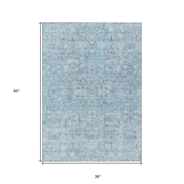 3' X 5' Sky Blue And Denim Blue Floral Washable Indoor Outdoor Area Rug