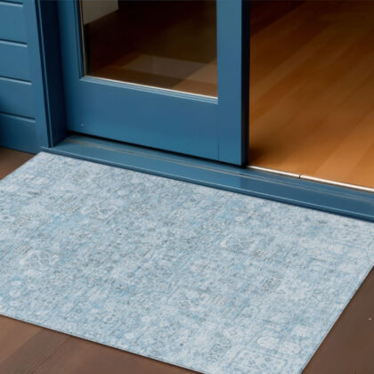 3' X 5' Sky Blue And Denim Blue Floral Washable Indoor Outdoor Area Rug