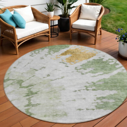 8' Artichoke Green And Olive Green Round Abstract Washable Indoor Outdoor Area Rug