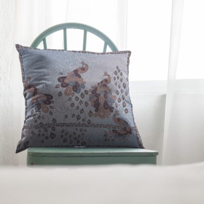 18” Blue Brown Boho Bird Zippered Suede Throw Pillow