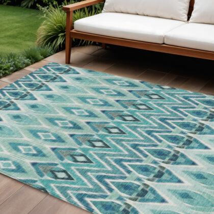 8' X 10' Teal Blue Aqua And Mint Green Southwestern Washable Indoor Outdoor Area Rug