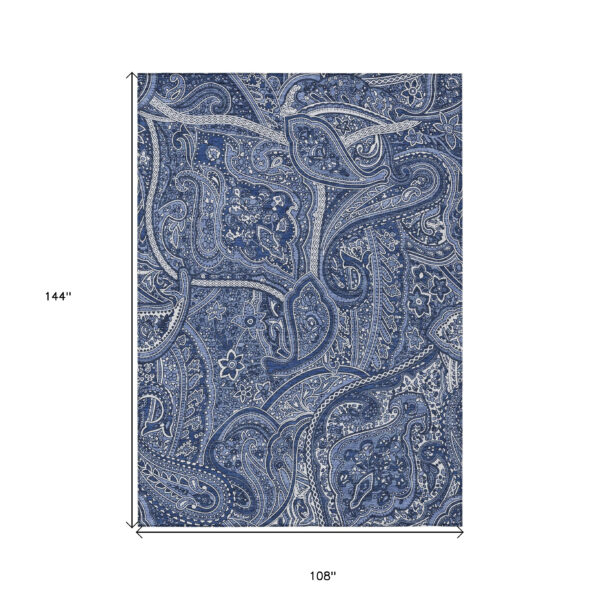 9' X 12' Navy Blue And Sky Blue Paisley Washable Indoor Outdoor Area Rug