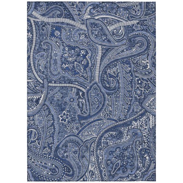 9' X 12' Navy Blue And Sky Blue Paisley Washable Indoor Outdoor Area Rug