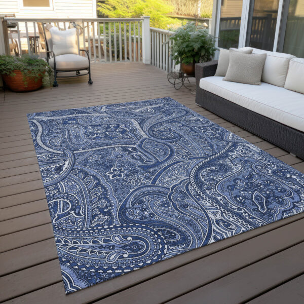 9' X 12' Navy Blue And Sky Blue Paisley Washable Indoor Outdoor Area Rug
