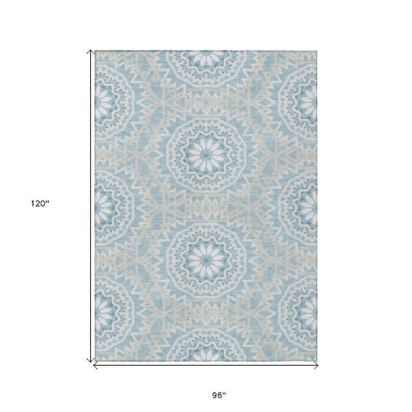 8' X 10' Denim Blue And Ivory Floral Medallion Washable Indoor Outdoor Area Rug