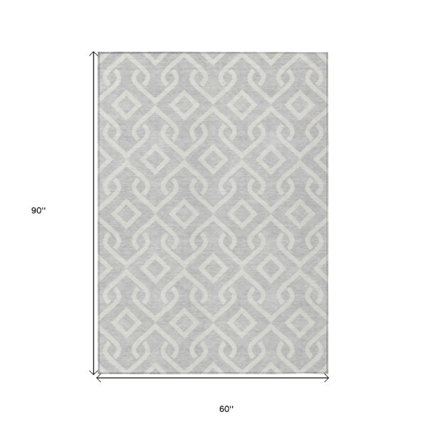 5' X 8' Silver And Ivory Geometric Washable Indoor Outdoor Area Rug