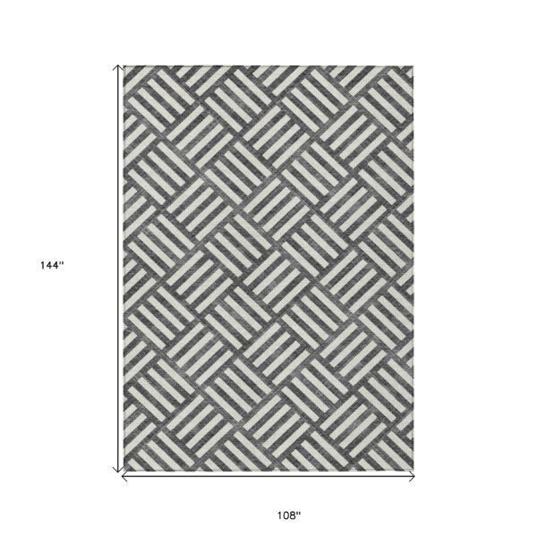 9' X 12' Black And Ivory Geometric Washable Indoor Outdoor Area Rug