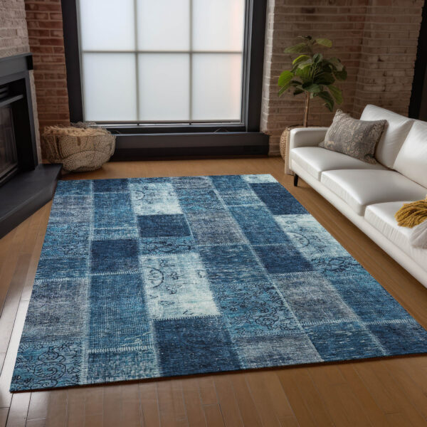 10' X 14' Navy Blue And Sky Blue Patchwork Washable Indoor Outdoor Area Rug