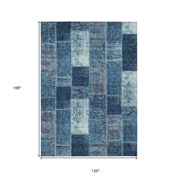 10' X 14' Navy Blue And Sky Blue Patchwork Washable Indoor Outdoor Area Rug