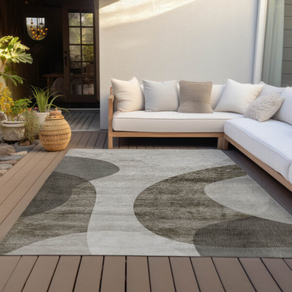 9' X 12' Taupe Beige And Chocolate Abstract Washable Indoor Outdoor Area Rug