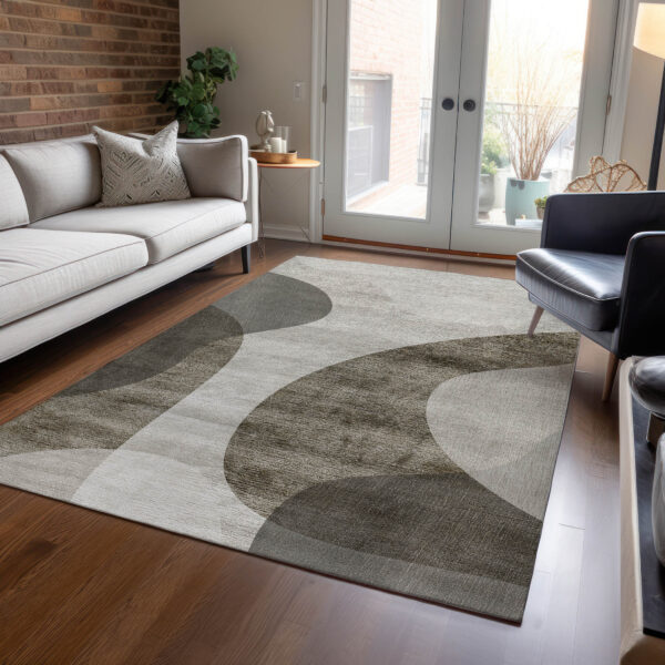 9' X 12' Taupe Beige And Chocolate Abstract Washable Indoor Outdoor Area Rug