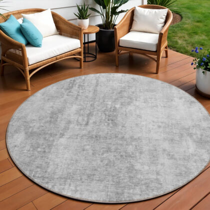 8' Gray Silver And Charcoal Round Abstract Washable Indoor Outdoor Area Rug