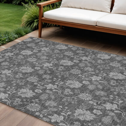 10' X 14' Gray Charcoal And Silver Floral Washable Indoor Outdoor Area Rug