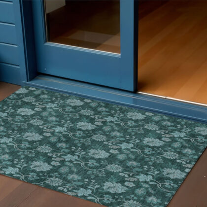 3' X 5' Teal Blue And Aqua Floral Washable Indoor Outdoor Area Rug