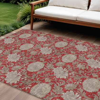 10' X 14' Red Taupe And Beige Floral Washable Indoor Outdoor Area Rug