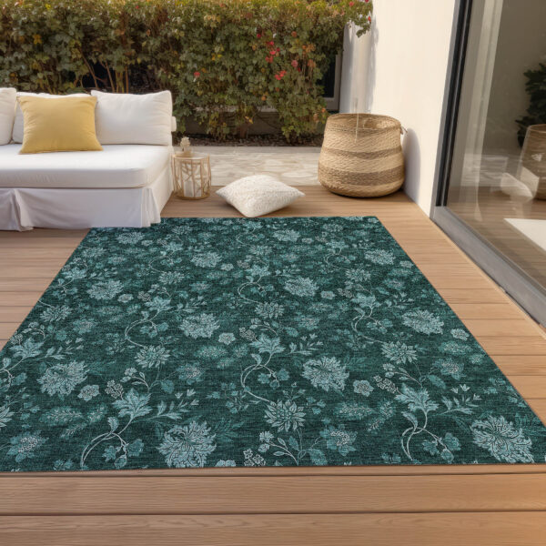 3' X 5' Teal Blue And Aqua Floral Washable Indoor Outdoor Area Rug