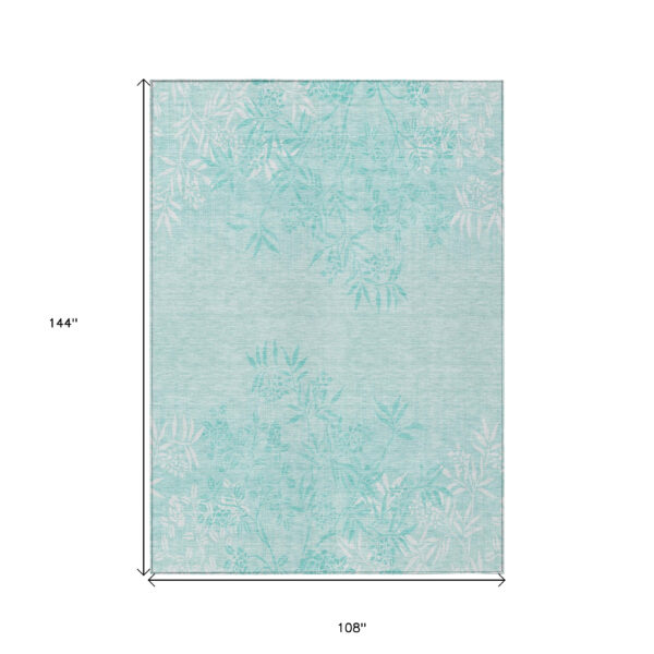 9' X 12' Teal Blue Aqua And Ivory Floral Washable Indoor Outdoor Area Rug