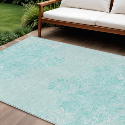 9' X 12' Teal Blue Aqua And Ivory Floral Washable Indoor Outdoor Area Rug