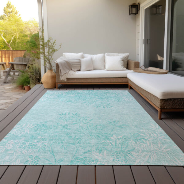 9' X 12' Teal Blue Aqua And Ivory Floral Washable Indoor Outdoor Area Rug