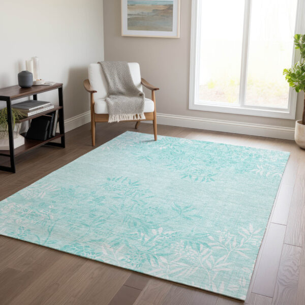 9' X 12' Teal Blue Aqua And Ivory Floral Washable Indoor Outdoor Area Rug