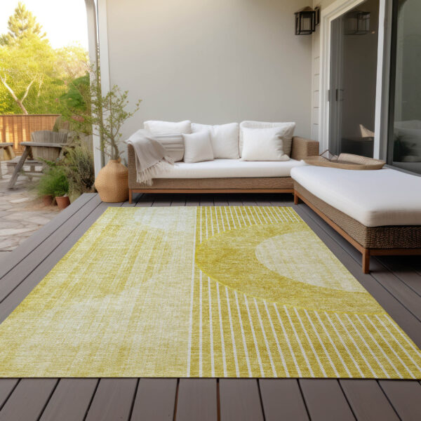 9' X 12' Wheat Gold And Ivory Geometric Washable Indoor Outdoor Area Rug