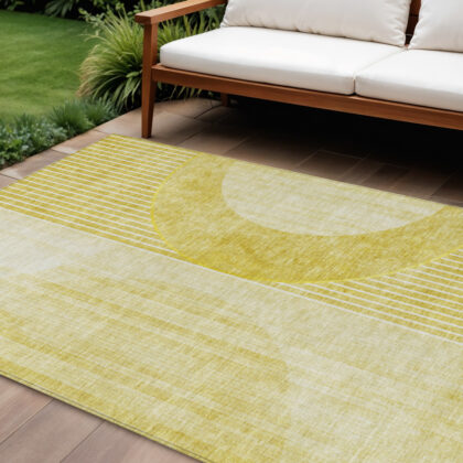 9' X 12' Wheat Gold And Ivory Geometric Washable Indoor Outdoor Area Rug