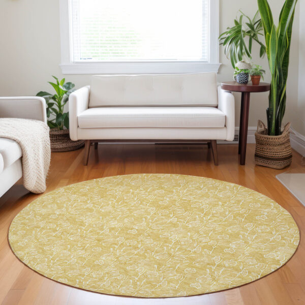 8' Gold And Ivory Round Floral Washable Indoor Outdoor Area Rug