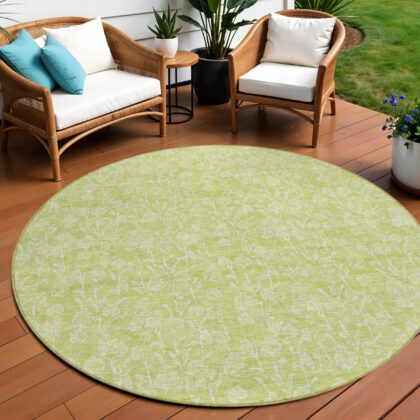 8' Artichoke Green And Ivory Round Floral Washable Indoor Outdoor Area Rug