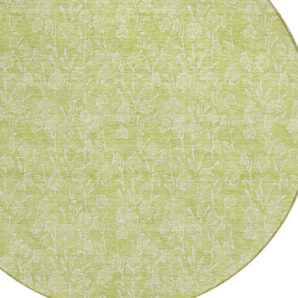 8' Artichoke Green And Ivory Round Floral Washable Indoor Outdoor Area Rug