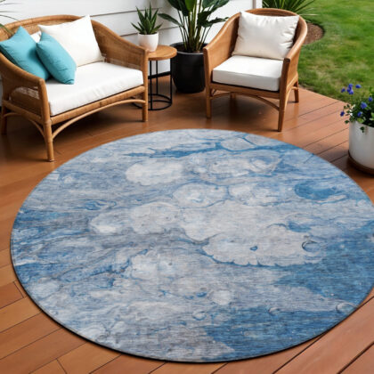 8' Denim Blue And Sky Blue Round Abstract Washable Indoor Outdoor Area Rug