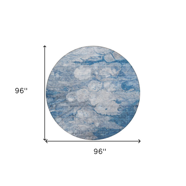 8' Denim Blue And Sky Blue Round Abstract Washable Indoor Outdoor Area Rug