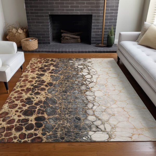 8' X 10' Ivory Gray And Gold Abstract Washable Indoor Outdoor Area Rug