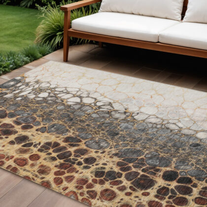 8' X 10' Ivory Gray And Gold Abstract Washable Indoor Outdoor Area Rug