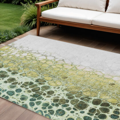 9' X 12' Olive Green And Gold Abstract Washable Indoor Outdoor Area Rug